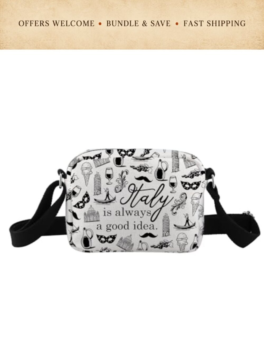 Italy Travel Gift Crossbody Bag Canvas Adjustable Strap Zipper